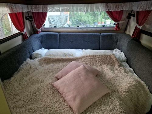 呂勒奧的住宿－Cozy private caravan on our lawn，窗户前的沙发上配有枕头