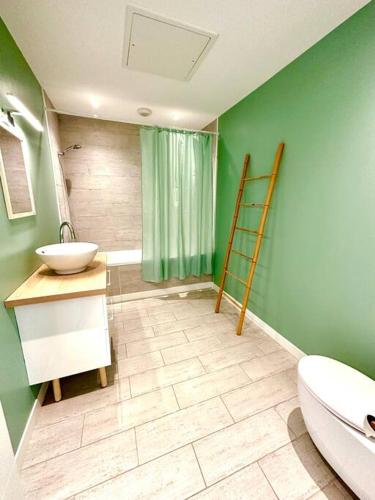 La salle de bains est pourvue d'un lavabo, de toilettes et de murs verts. dans l'établissement Villa Malou 190m2 ,proche mer, à Outreau