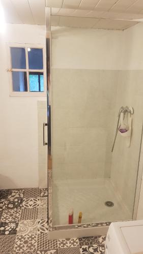 a shower with a glass door in a bathroom at Gite de l'école 