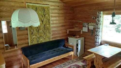 a living room with a couch in a log cabin at Koivula Fish Cottage in Savonlinna