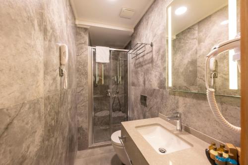 a bathroom with a sink and a toilet and a mirror at Hotel Ravi in Istanbul