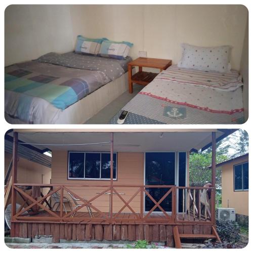 twee foto's van een huis met een bed en een balkon bij Tumombuvoi Homestay (Sidi place) in Tiga Papan
