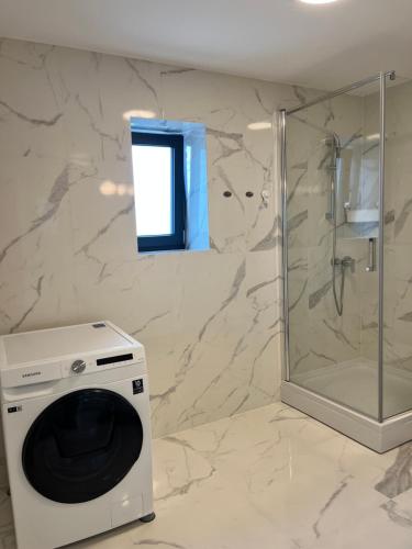 a bathroom with a washing machine and a shower at Villa Kovačeva apartments, Marice Kovačeve 15, app 1, free parking in Ljubljana