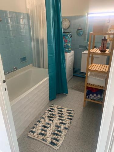 Marseille Vieux Port في مارسيليا: حمام مع حوض استحمام ودش مع ستارة الدوش