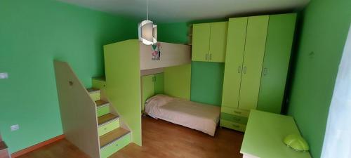 a green room with a bed and green cabinets at Vila Ondina in Donji Milanovac