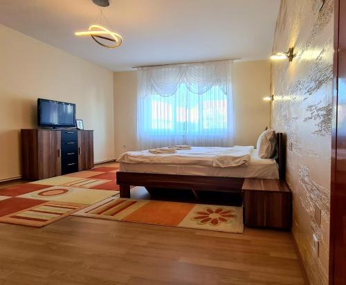 シビウにあるPerfect Residence Sibiuのベッドルーム(ベッド1台、窓、テレビ付)
