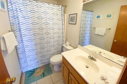 a bathroom with a toilet and a sink and a shower at Island Charm in St. George Island