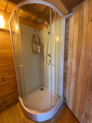 - une douche dans une cabine avec une porte en verre dans l'établissement la colline seive, à Boulieu-lès-Annonay