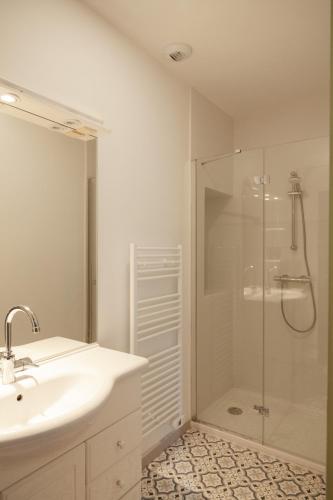 y baño blanco con lavabo y ducha. en les chambres fleuries, en Saint-Benoît-du-Sault