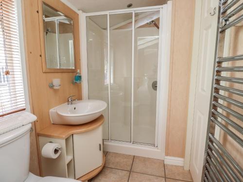 een badkamer met een wastafel en een douche bij 15 Silverbirch in Morpeth