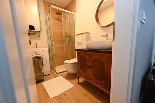 La salle de bains est pourvue d'un lavabo, de toilettes et d'une douche. dans l'établissement Apartman Zrno Soli, à Zadar