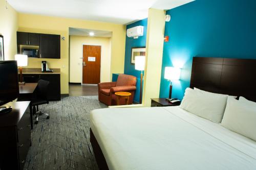 a hotel room with a bed and a desk and a chair at Holiday Inn Express & Suites Harrisburg West in Mechanicsburg