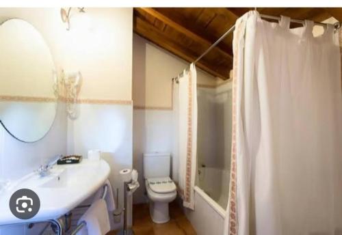 uma casa de banho com um lavatório branco e um WC. em Hotel la posada de Numancia em Garray