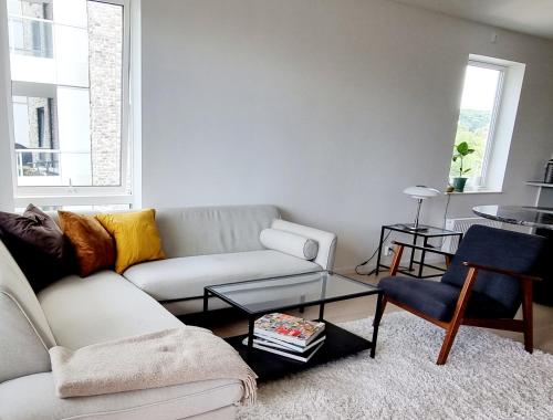 Private room in shared Modern Apartment - Oslo Hideaway في أوسلو: غرفة معيشة مع أريكة وطاولة