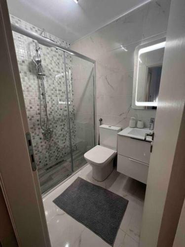 a bathroom with a shower and a toilet and a sink at The Yacht House in Agios Ioannis Pelio