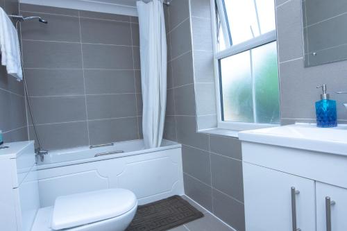 a bathroom with a toilet and a sink and a window at Evergreen Apartments-Flat 4, London in London