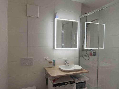 een witte badkamer met een wastafel en een spiegel bij Appartement calme et lumineux de 2,5 pces proche Lausanne in Ecublens