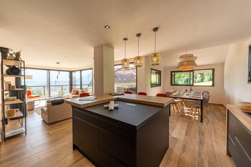 une cuisine et un salon avec une grande île dans l'établissement ANNECY HAPPY LODGE DUPLEX 9 pers, à Saint-Jorioz