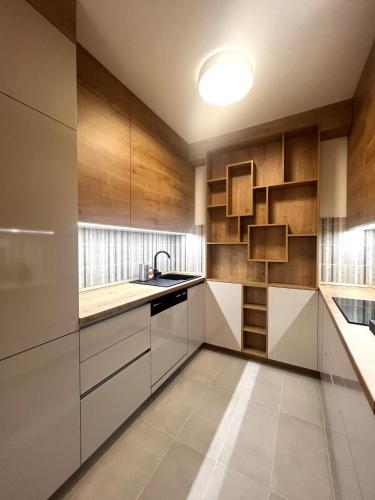a kitchen with wooden cabinets and a sink at MT Suites ApartHotel in Budapest