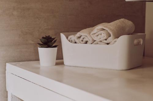 a white bathroom with towels and a plant on a counter at [Historic Center] Charming Apartment Free Wi-Fi in Savigliano