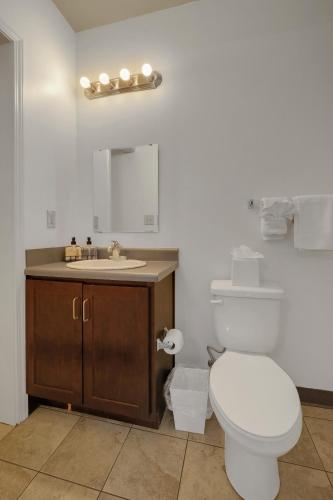 a bathroom with a white toilet and a sink at Guthrie Coke Lofts, Walkable Entertainment in Louisville