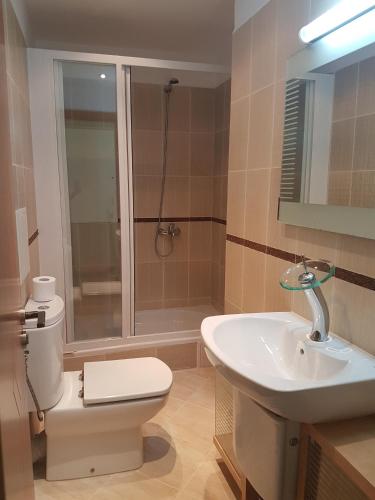 a bathroom with a toilet and a sink and a shower at Sinemorets Cliffs in Sinemorets