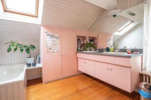 kuchnia z różowymi szafkami i zlewem w obiekcie Atelier chez Marie w mieście Carnetin