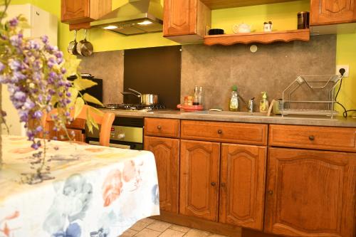 a kitchen with wooden cabinets and a counter top at AU LOGIS DES CHOUETTES, proche de Verdun et ses champs de bataille in Châtillon-sous-les-Côtes