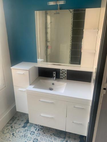 ein Badezimmer mit einem weißen Waschbecken und einem Spiegel in der Unterkunft Au coeur d'Argentan in Argentan