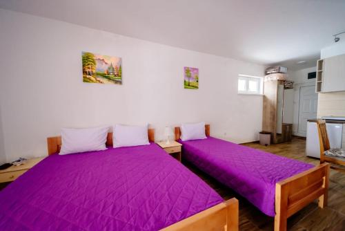 two beds in a room with purple sheets at Apartmani Šarović Tara in Rača