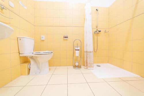 uma casa de banho com um WC e um chuveiro em Ośrodek Wrzosowa Góra - pokoje em Ruciane-Nida