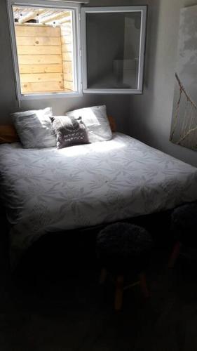 une chambre avec un lit avec des oreillers et une fenêtre dans l'établissement Les pieds dans l' eau, à Bretignolles-sur-Mer