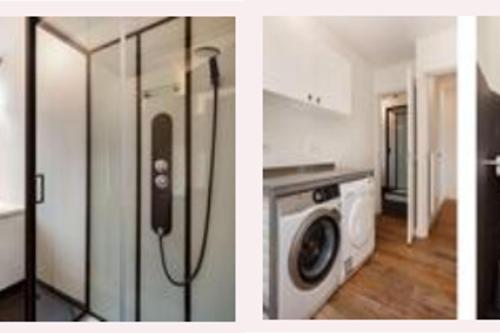 2 fotografías de un baño con ducha y lavadora en Groot mooi 2 etage loft met dakterras in De Pijp., en Ámsterdam