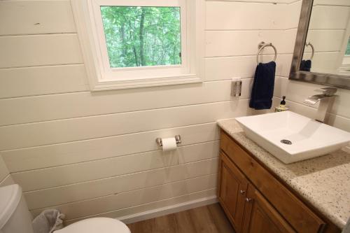 a bathroom with a sink and a toilet at Secluded Treehouse in the Woods - Tree Hugger Hideaway in Branson