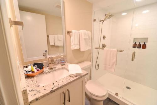 a bathroom with a sink and a toilet and a shower at Mileys Place at Pinehurst in Pinehurst