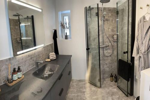 een badkamer met een douche, een wastafel en een douche bij Luksus hus i 1st række, all-incl top komfort med SPA og skov in Strøby