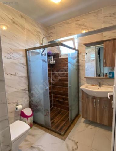 y baño con ducha, aseo y lavamanos. en KARAAGAC GÖMEC, en Burhaniye