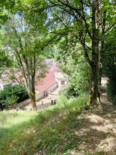 a view of a yard with trees and a house at L'Orée des Vignes - Maison Cosy avec Jardin Clos in Molosmes