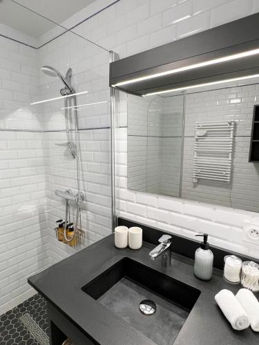 a bathroom with a sink and a mirror at L'Orée des Vignes - Maison Cosy avec Jardin Clos in Molosmes