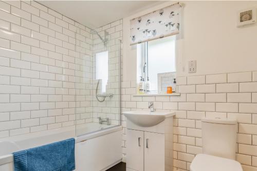 a white bathroom with a sink and a toilet at The Farm Office in Tiverton