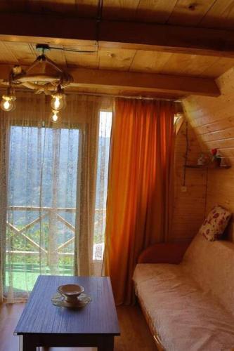 ein Wohnzimmer mit einem Sofa, einem Tisch und einem Fenster in der Unterkunft cottage panorama merisi in Inasharidzeebi