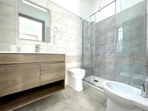 uma casa de banho com um WC, um lavatório e um espelho. em Country & Beach Suites em Cardedu