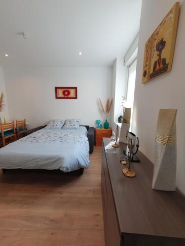 een slaapkamer met een bed en een dressoir bij Appartement Savane in Nancy