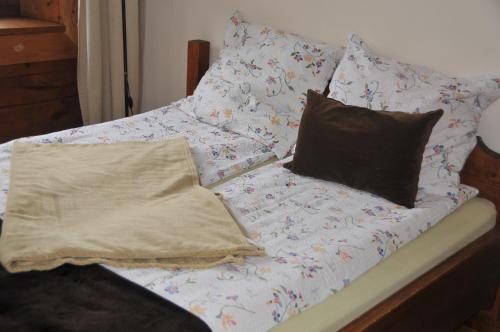 a couch with two pillows on top of it at Chata Balówka in Cisna