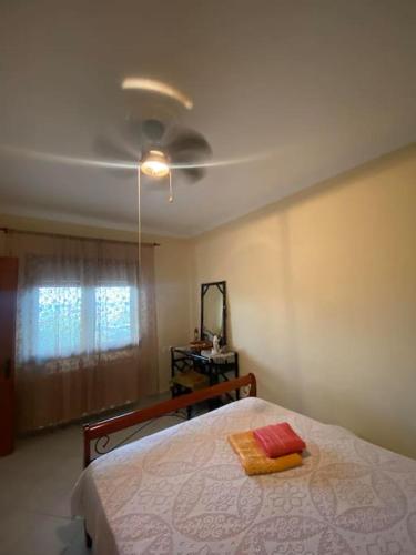 a bedroom with a bed and a ceiling fan at villa kastanos in Amaliápoli