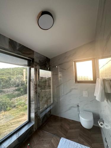 a bathroom with a toilet and a window at CAROLEA VILLAS in Ulcinj