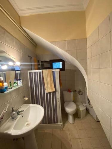 a bathroom with a sink and a toilet at villa kastanos in Amaliápoli
