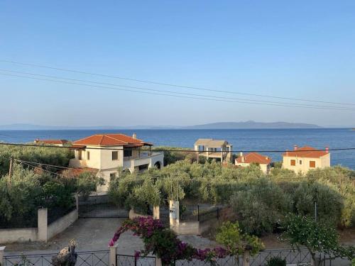 a group of houses with the ocean in the background at villa kastanos in Amaliapoli