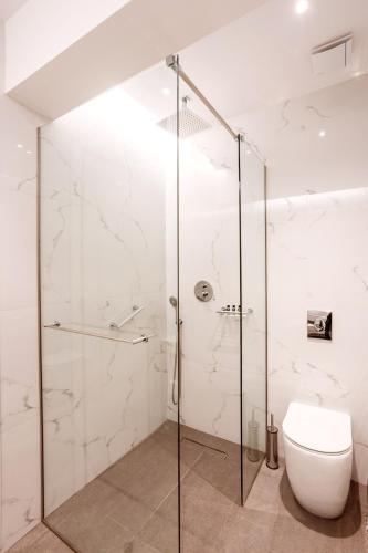 a bathroom with a glass shower stall and a toilet at DAYS City Suites Athens in Athens
