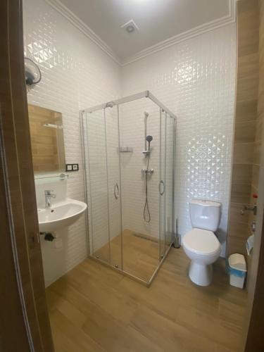 a bathroom with a shower and a toilet and a sink at RIVER SIDE in Polyana